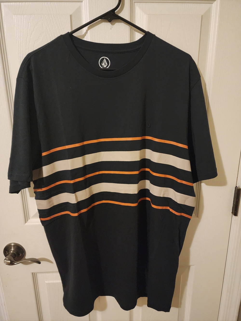 Volcom Black Crewneck Tee with Cream and Orange Stripes
